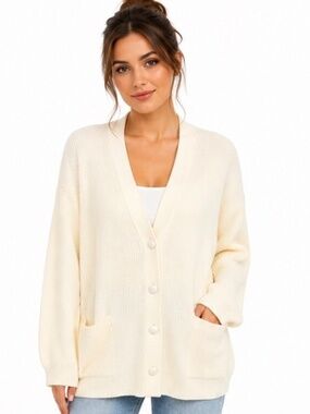 Bobbie Brooks Women's 22W 24W Cream Ribbed Button Front Cardigan Sweater